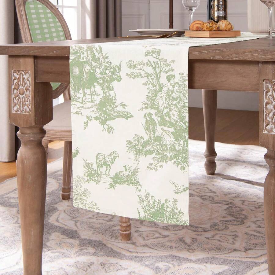 Spring Table Runner, Green Floral Bohemian Style Table Runner, Suitable For Cafe, Restaurant, Kitchen, Sage Color - Multicolor - View 1