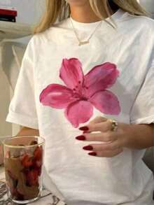 Playera camiseta básica mujer dama cuello redondo manga corta estampado GRAFICO DE FLOR FLORWER GRAPHIC |   material no transparente |   Textura Suave Fortiz - Blanco - Ver 6