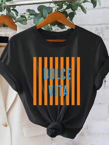 Vintage Italian VITA T-Shirt For Women - Orange Vertical Stripes And Italian Text Print, Round Neck, Short Sleeves, Versatile Top | Suitable For Casual, Evening, And Holiday Wear. | Retro Streetwear Garment With A Relaxed Fit, Machine Washable - Women's Summer Outfits - Black - View 1