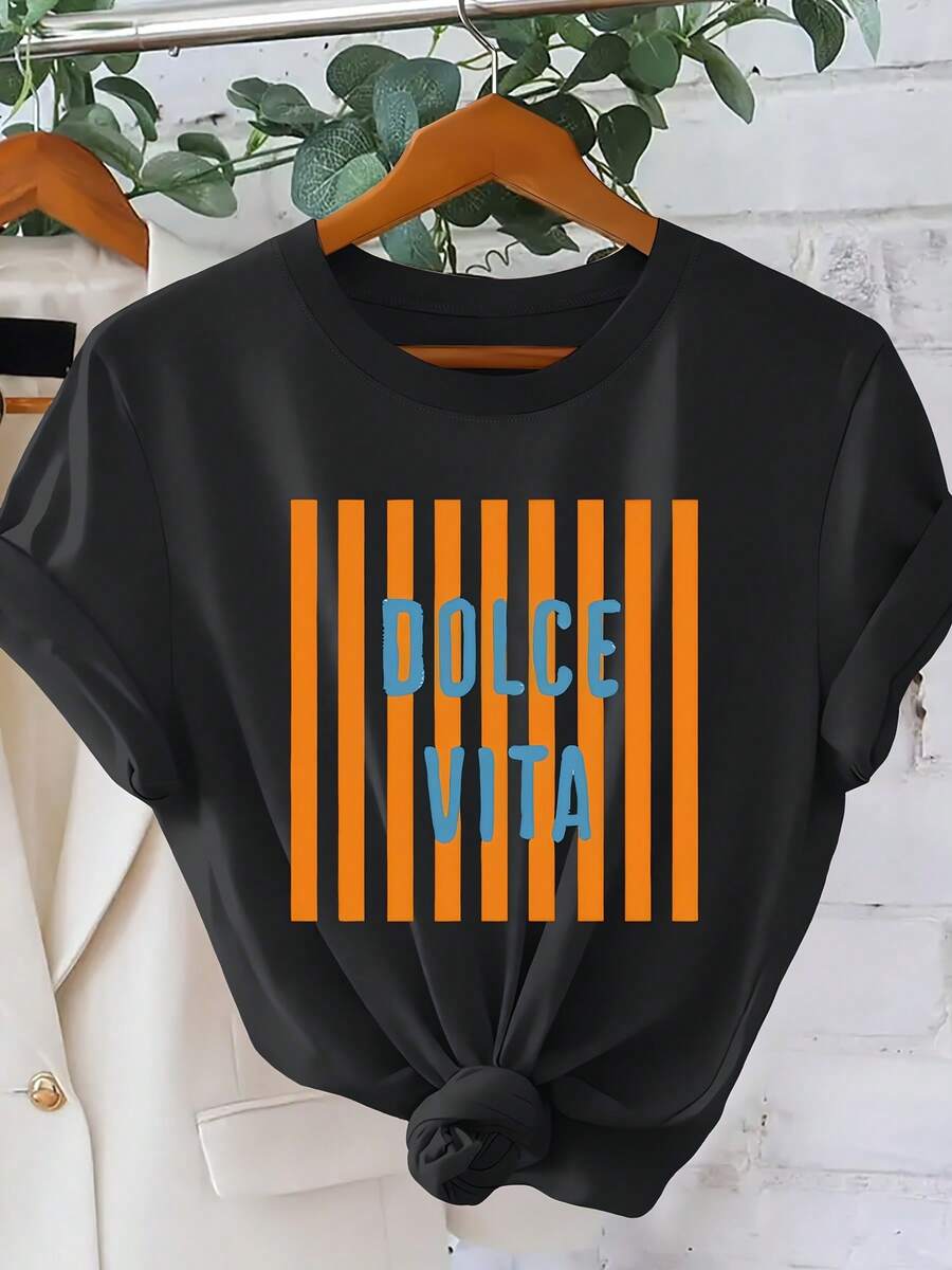 Vintage Italian VITA T-Shirt For Women - Orange Vertical Stripes And Italian Text Print, Round Neck, Short Sleeves, Versatile Top | Suitable For Casual, Evening, And Holiday Wear. | Retro Streetwear Garment With A Relaxed Fit, Machine Washable - Women's Summer Outfits - Black - View 1