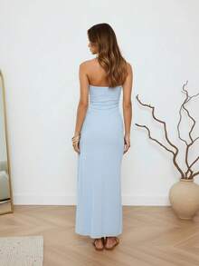 Women's Summer Strapless Dress High Split Side Drape Stylish Solid Color Backless Tube Long Dress - 藍色 - 查看 2