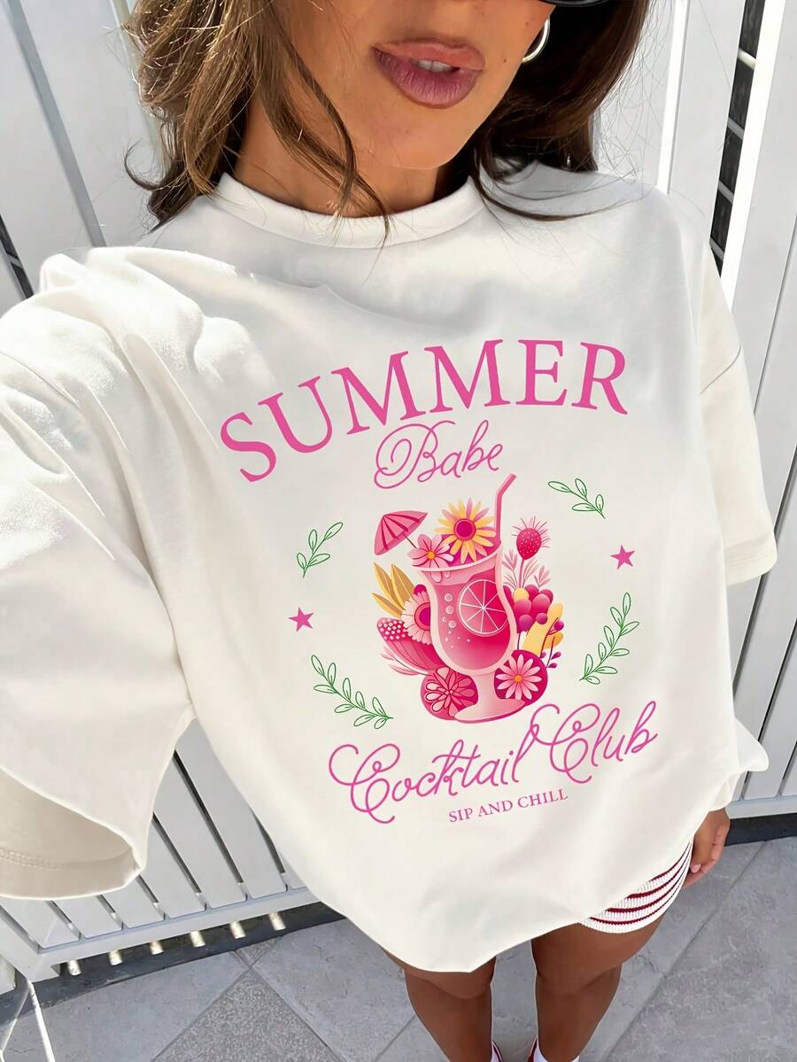 Talla Grande - Talla Grande - Nueva Camiseta Holgada Estampada de Moda, Casual, Cómoda, Versátil, de Manga Corta y Hombros Caídos - Blanco - Ver 1