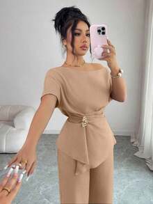 Elenzya Elegante conjunto de dos piezas de moda urbana para mujer, ideal para primavera/verano, con pantalones anchos de cintura alta con hebilla metálica asimétrica de un hombro en color azul marino, adecuado para uso diario, bodas, galas, ir al trabajo, fiestas de graduación, vacaciones, citas, fiestas, Halloween, Navidad, Año Nuevo, Acción de Gracias, bodas - Albaricoque - Ver 7