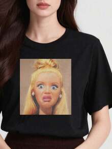 1 Funny And Quirky T-Shirt With Doll Design, Casual Style 180g, Internet Meme T-Shirt, Creative Design, Durable Print, Comfortable Fit, Funny Top, Joke Culture T-Shirt, Exclusive For Comedy Lovers, Comedy Clothing, Fashion Clothing, Playful Style, High Quality T-Shirt, Soft Material, Printed T-Shirt, Funny T-Shirt, For Lovers, Internet Humor Enthusiasts, 180g 100% Cotton. - 黑色 2 - 查看 12
