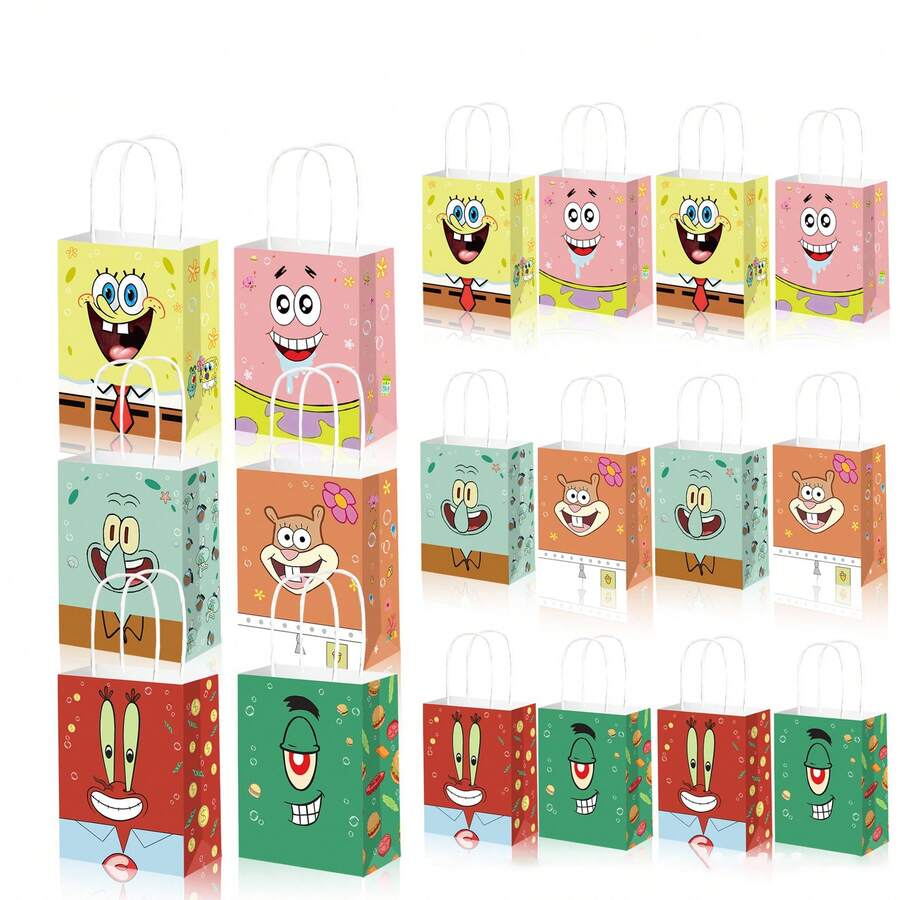 SpongeBob SquarePants 3个卡通人物主题纸质礼品袋,适合节日派对装饰,是赠送朋友的完美小礼物。 - 彩色 - 查看 1