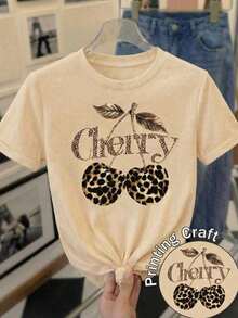Respirable Nueva camiseta de manga corta con cuello redondo para mujeres, estación de verano, diseño de flores de cerezo con estampado de leopardo, camiseta femenina limitada de temporada, transpirable y absorbe la sudor, ropa de calor mujer - Albaricoque - Ver 2