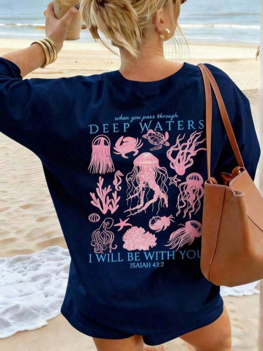 Women's White Short-Sleeved T-Shirt, Casual Summer Style, With A Marine Life Print, Simple And Cute, Loose And Versatile, With A Round Neck, Ideal For Everyday Wear And Vacations. Women's Graphic T-Shirts, Pink Top - Unisex, Comfortable, Urban Vintage Style, Loose Fit, Washed 100% Cotton T-Shirt, Summer Tops - 海軍 - 查看 1