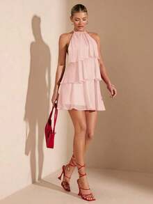 Vestido corto de gasa con hojas de loto en cascada de color rojo sólido, adecuado para citas diarias, salidas nocturnas, discotecas, fiestas, reuniones, fiestas de cóctel, fiestas de piscina, ropa de vuelta al colegio, vestidos de temporada esco - Rosa coral - Ver 1