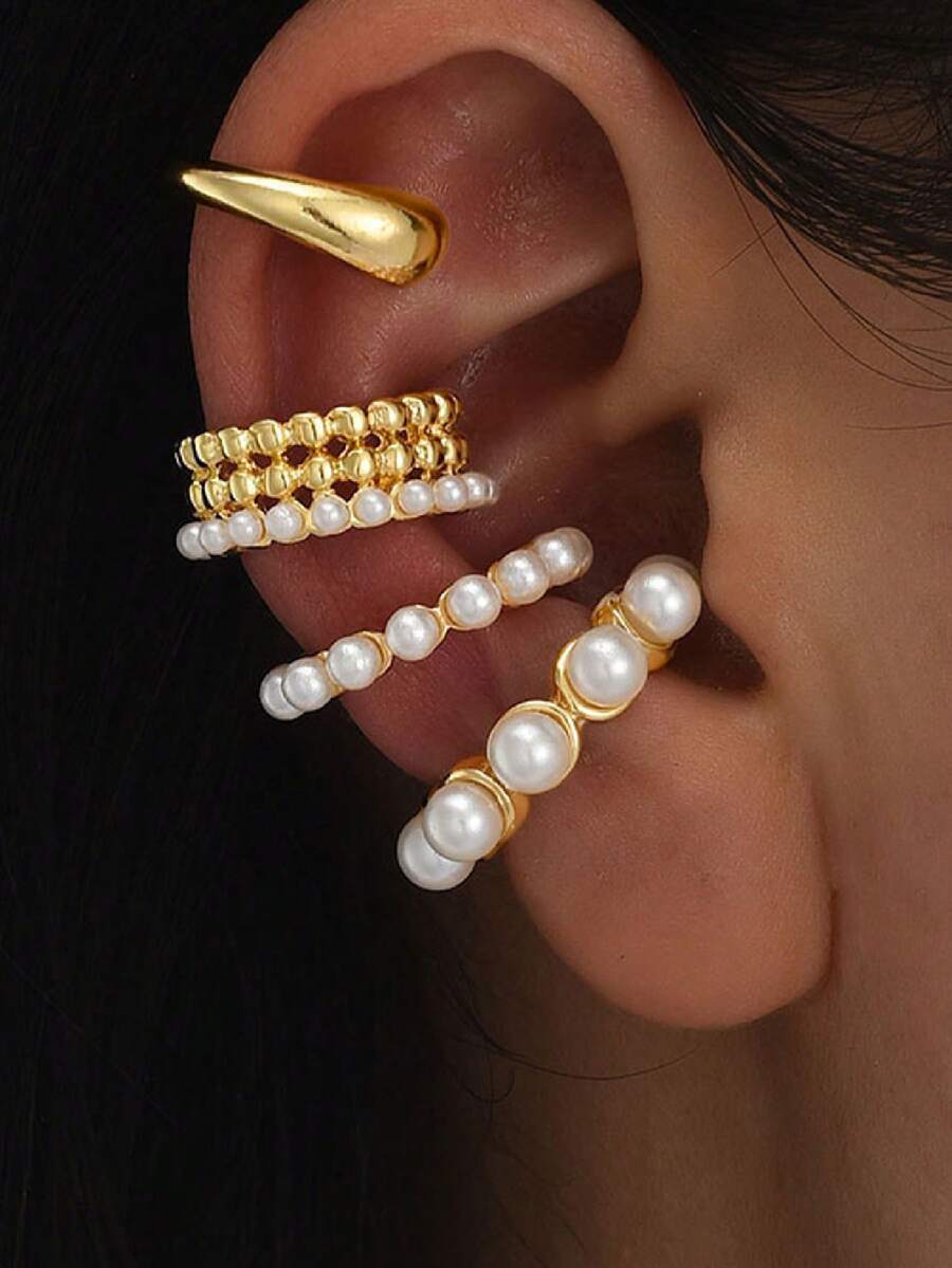 时尚简约耳钉扣女士高端水滴形仿珍珠耳夹四件套 - 小巧独特的设计耳环 - 彩色 - 查看 1