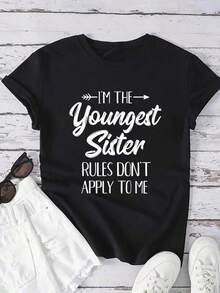 1 camiseta con estampado divertido de "Las reglas de la hermana menor no se aplican a mí", camiseta negra de algodón casual, tejido de punto de elasticidad media, corte regular para mujeres, ideal para primavera/verano/otoño, uso diario, cruceros, Día de la Madre, 180g 100% algodón. - Negro - Ver 1