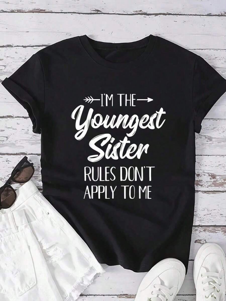 1 camiseta con estampado divertido de "Las reglas de la hermana menor no se aplican a mí", camiseta negra de algodón casual, tejido de punto de elasticidad media, corte regular para mujeres, ideal para primavera/verano/otoño, uso diario, cruceros, Día de la Madre, 180g 100% algodón. - Negro - Ver 1