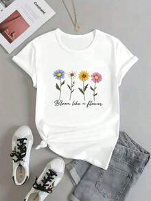 1 pieza de camiseta casual de verano para mujer con estampado floral, hecha de algodón suave, ajuste cómodo, estilo hip hop urbano, cómoda, con estampado artístico. 180g 100% algodón. - Blanco - Ver 2