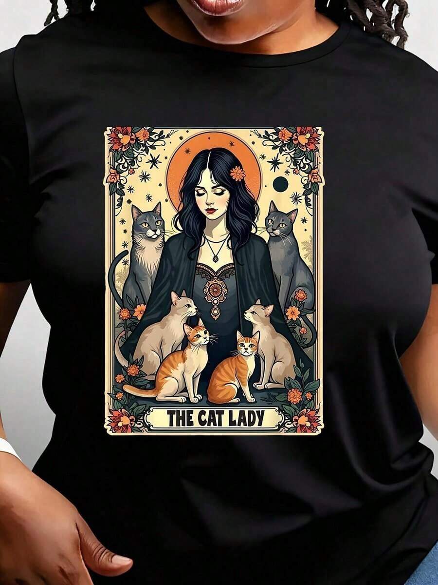 Camiseta Gótica para Mujer Cat La Toka - Camiseta de Manga Corta con Cuello Redondo y Estampado Floral Misterioso de Gatos y Diseño de "Cat Lady", Ropa Casual para Todas las Temporadas, Regalo Perfecto para Amantes de los Gatos,maija, Elegante manga corta para mujeres. - Negro - Ver 1
