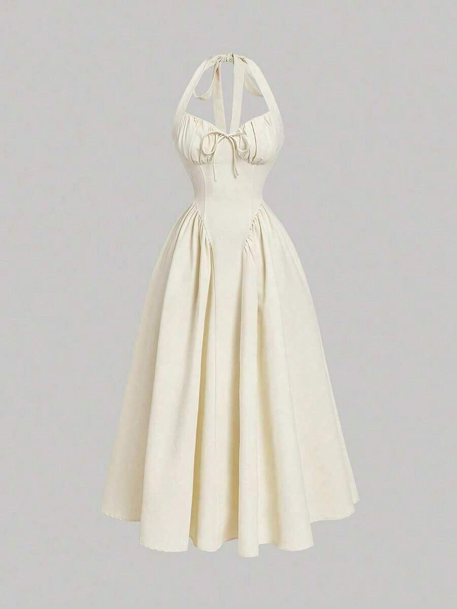 Vestido de mujer con cuello halter, fruncido y lazo, color azul marino, conjunto de ropa para fiestas, atuendo de Año Nuevo, vestido de baile deáscaras, conjunto de ropa de cumpleaños para mujer, vestido azul marino, vestido con lazo, vestido de princesa para Año Nuevo - Albaricoque - Ver 1