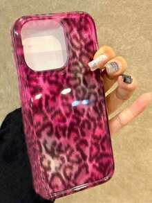 1 pieza Funda de teléfono con purpurina con estampado de leopardo rojo afortunado de moda, compatible con Apple 17 16 15 14 13 12 Pro Max, cubierta trasera de silicona suave transparente con protección de lente - estampado de leopardo rosa - Ver 1