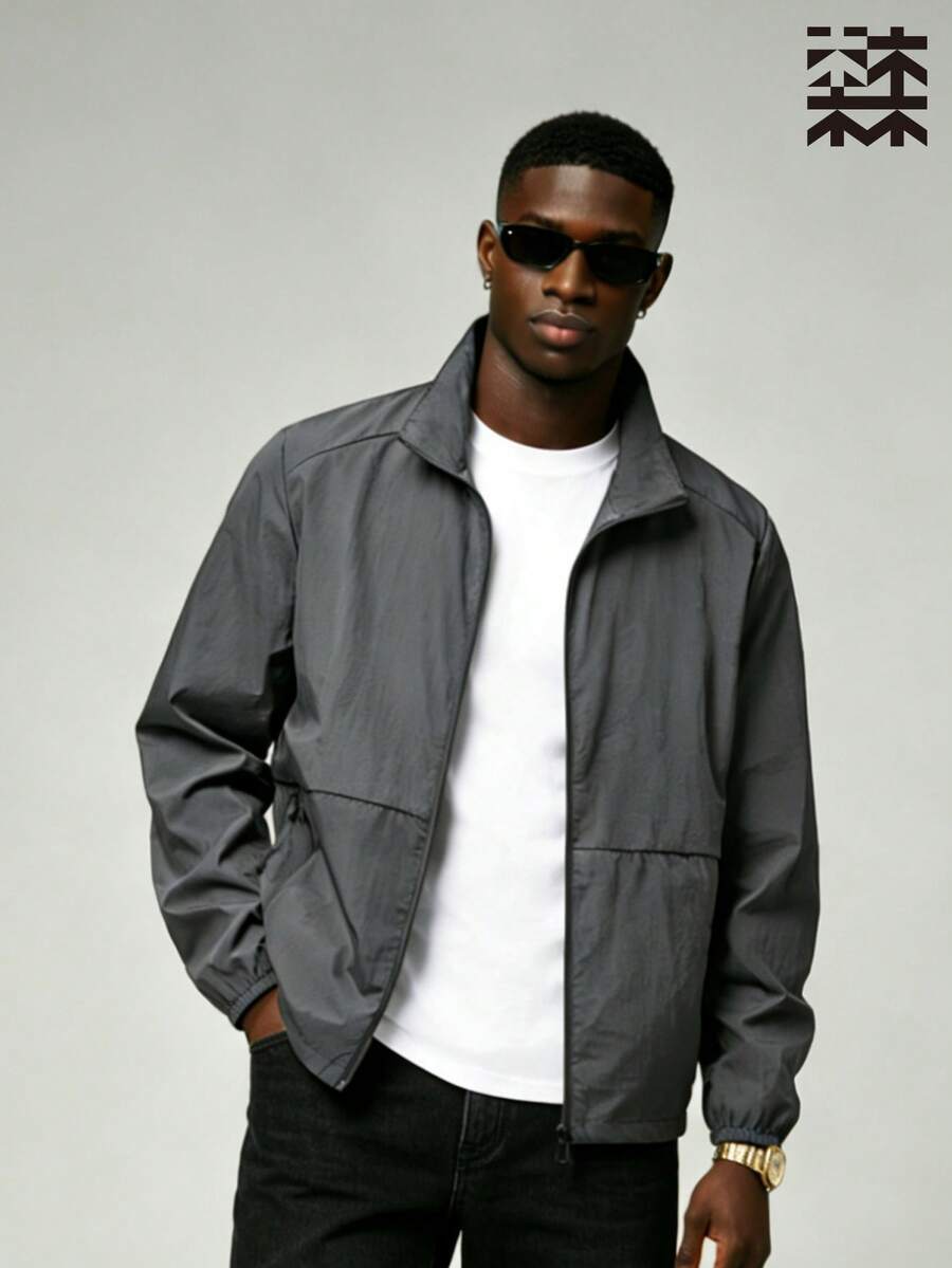 mulinsen Men's Lightweight Breathable Casual Jacket, Full Zip Stand Collar, Suitable For Outdoor And Daily Wear - Light Gray - View 1