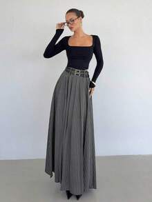 Falda plisada gris para mujer, falda larga de estilo "Old Money" de cintura alta con doble cinturón y bolsillos laterales con abertura, adecuada para uso formal, casual, trabajo, fiesta, viajes, negocios, docencia y uso diario, una prenda imprescindible para otoño e invierno - Gris Oscuro - Ver 6