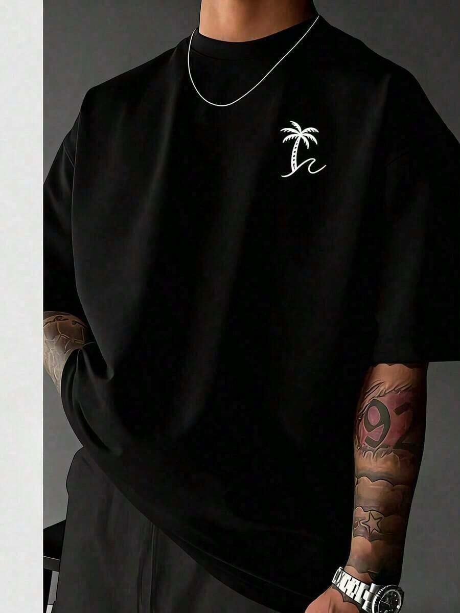 Camiseta de manga corta con cuello redondo y estampado de palmeras de moda para hombres GRDR, casual y - Negro - Ver 1