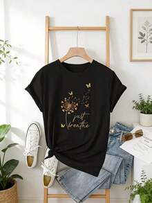 Elegant Women's T-Shirt, 100% Cotton, With Graphic Print, Artistic Dandelion And Butterfly Design - Round Neck, Short Sleeve, Casual Style, Nature-Inspired Design, Comfortable, Elegant, Simple, 100% Cotton, For Summer. - 黑色 - 查看 1