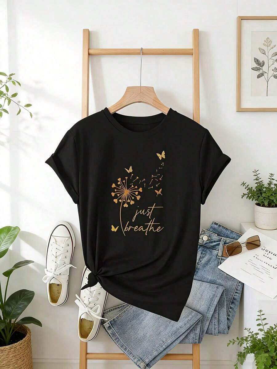 Elegant Women's T-Shirt, 100% Cotton, With Graphic Print, Artistic Dandelion And Butterfly Design - Round Neck, Short Sleeve, Casual Style, Nature-Inspired Design, Comfortable, Elegant, Simple, 100% Cotton, For Summer. - 黑色 - 查看 1