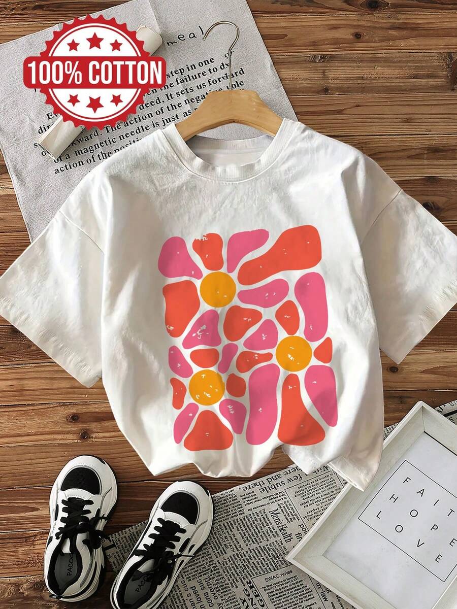 Women's Spring Summer Casual Tops, Minimalist Style, Colorful Floral Print, Round Neck Short Sleeve T-Shirt [Ling]Sommer - White - View 1