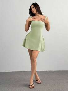 Vestido rojo sólido, mini, con cuello cuadrado sexy y elegante, cintura de gota para fiesta y citas - verde menta - Ver 5