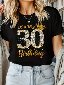 Women's Short-Sleeved Cotton T-Shirt With "It's My 30th Birthday" Print, Casual Short-Sleeved Round Neck T-Shirt For Summer And Spring, Women's Clothing. - 黑色 - 查看 8