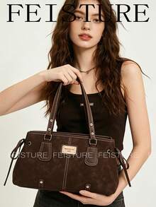 1 buah Tas Bahu Fashion, Tas Komuter Wanita Kapasitas Besar dengan Tali Ikat, Cocok untuk Jalan-jalan Sehari-hari, Kencan, dan Perjalanan - Kopi - View 3