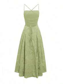 Vestido de verano sexy y elegante para mujer de Unadoll, con cinturón de cordón en la cintura y diseño sin espalda, hecho de tela jacquard, adecuado para vacaciones, playa, citas, vuelta al colegio, bodas, fiestas y otras ocasiones - Verde - Ver 4