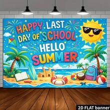 2D Flat School Term End Summer Theme Banner Background, "Happy End Of School, Hello Summer" Colorful Text - 4 - View 4