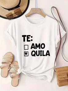 Camiseta casual con estampado de diseño de casilla "Te amo Quila" para mujer, adecuada para todas las estaciones - BlancoComfortable, versatile short-sleeved top. - Negro - Ver 9