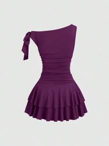 de verano para mujer con decoración metálica minimalista, volante asimétrico en el hombro y bajo con volantes - Morado - Ver 2