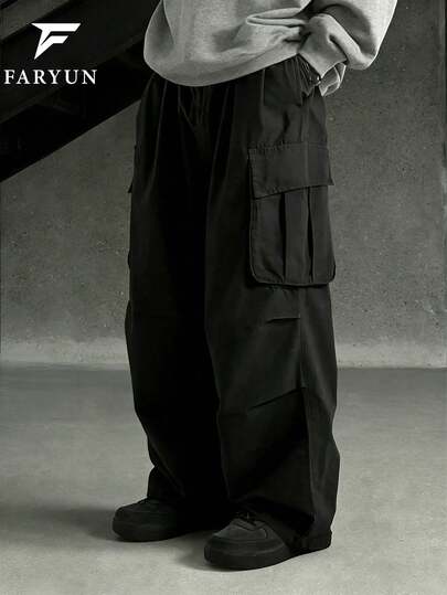 男士弹力腰带多口袋宽松工装裤，美式街头风，适合日常休闲、通勤和街头时尚，春秋季款