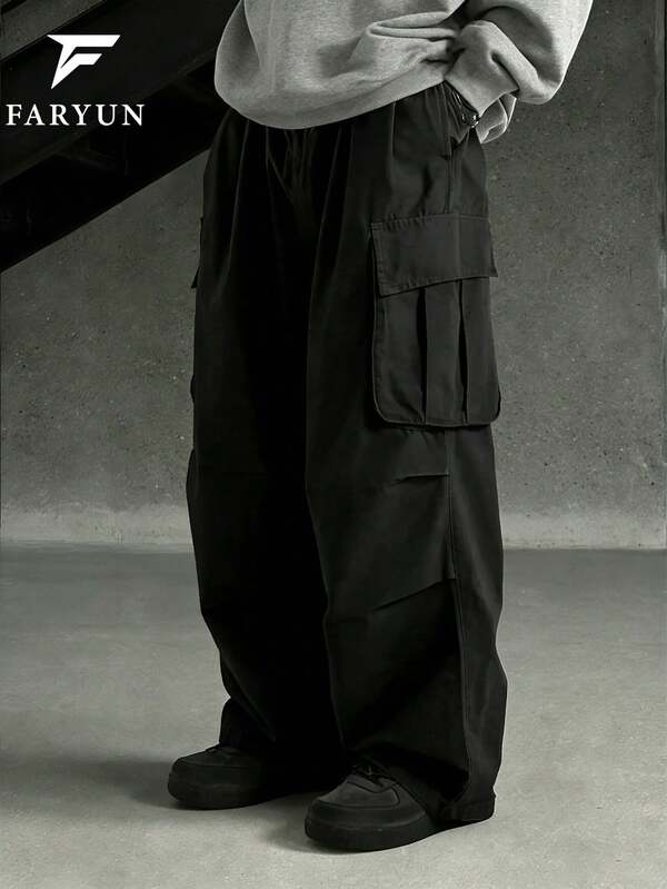 男士弹力腰带多口袋宽松工装裤，美式街头风，适合日常休闲、通勤和街头时尚，春秋季款