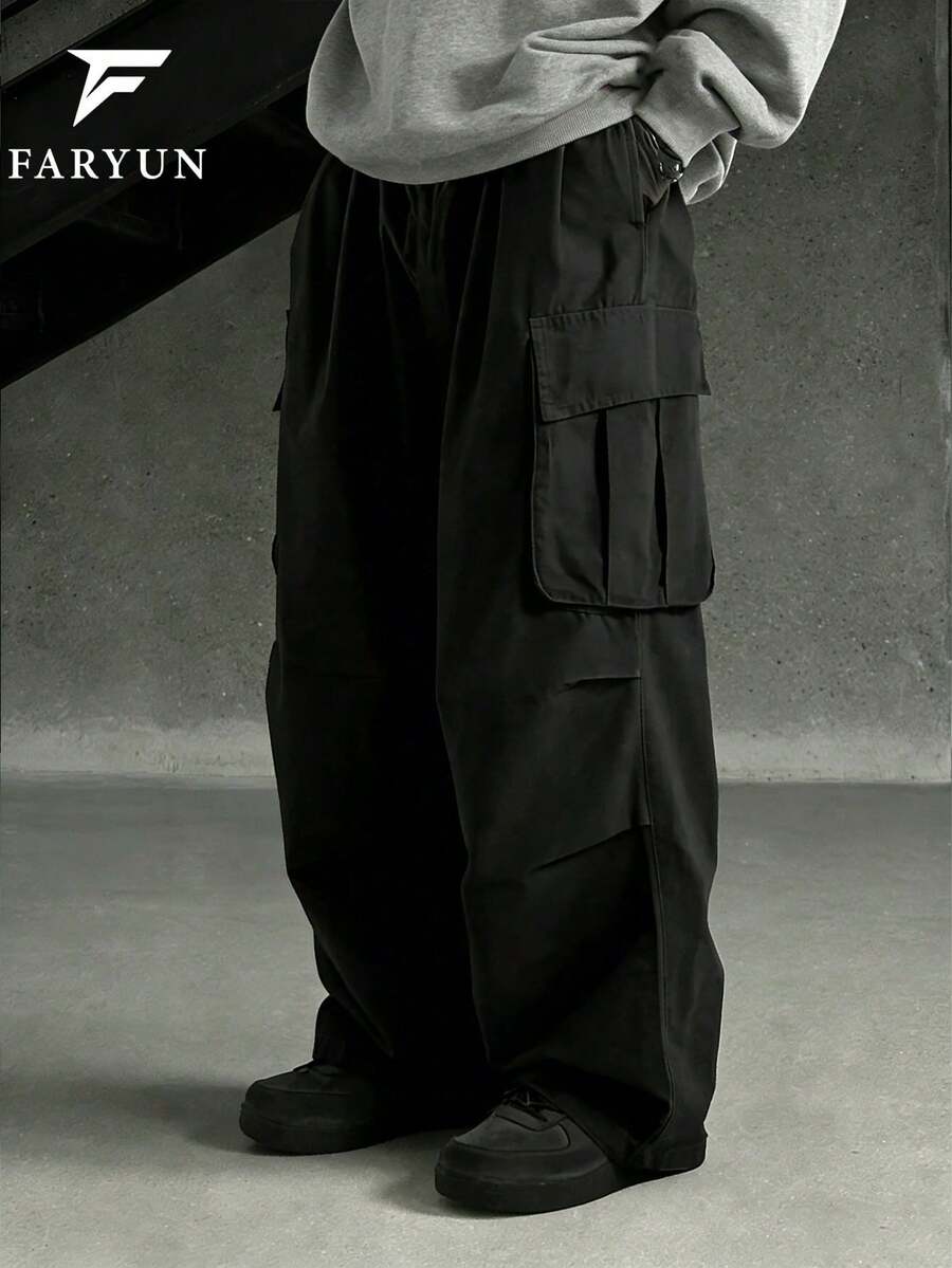 男士弹力腰带多口袋宽松工装裤，美式街头风，适合日常休闲、通勤和街头时尚，春秋季款 - 黑色 - 查看 1