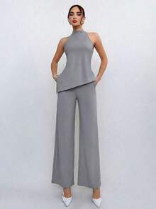 Conjunto de top halter y pantalones de color café claro, estilo sencillo para ir al trabajo - Gris Claro - Ver 5