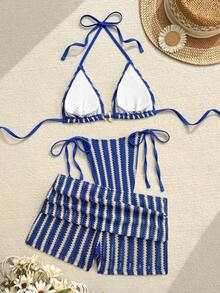 Costavie Conjunto de traje de baño de 3 piezas para mujer con pantalón ancho plisado, estampado de tonos de la tierra multicolor con efecto tie-dye, corte alto con cordones, para vacaciones en la playa, fiesta, tarde de té o crucero. Incluye bikini de 2 piezas sexy para vacaciones en la playa. - Multicolor 5 - Ver 6