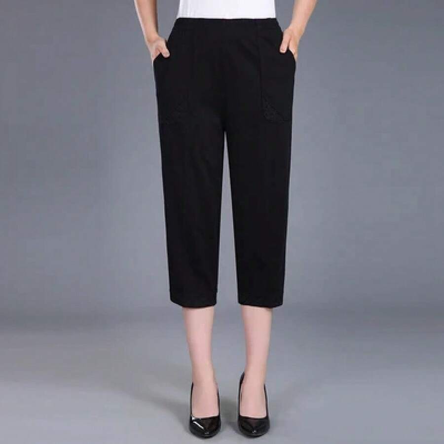 Pantalones Capri de Verano 2026 para Mujer, Talla Grande 4XL, Holgados, Casuales, Cintura Elástica, Pantalones Medios de Algodón Puro para Mujer - Negro - Ver 1