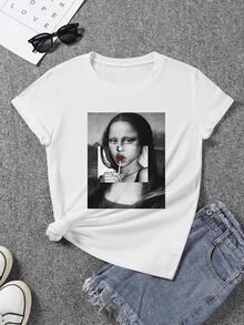 Camiseta de algodón de manga corta para mujer - Camiseta casual para mujer - Camiseta con estampado del Patrón de la Mona Lisa - Arte clásico, top casual de cuello redondo - Transpirable, ligera y cómoda, adecuada para los armarios de primavera y verano. - Blanco - Ver 2