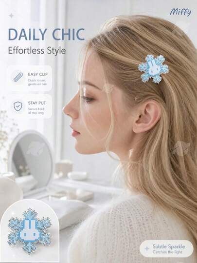  2026 New Detailed Glitter Snowflake Miffy Rabbit Large Cat Cartoon Hair Clip, Girls Mosaic Cute Highly Attractive, Japanese Style Adorable Blue Pixel Miffy Head With Glitter Snowflake Design, Acrylic Material Metal Clip Sturdy And Comfortable, Suitable For Daily, School, Office, And Party Wear