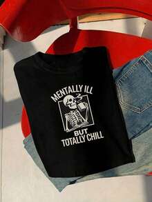 Women's Short-Sleeved Crew Neck T-Shirt With A Skull And Letter Print, A Casual Style Ideal For Summer. Lightweight And Super Comfortable Fabric For Everyday Wear, Outings, And Walks. Youthful Design That Looks Great, Very Easy To Combine With Jeans And Shorts, Perfect For Looking Stylish In The Warm Weather. DVMG - 黑色 - 查看 4