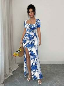 Vestido de verano de manga corta para mujer, vestido de vacaciones con estampado digital, vestido de playa y vacaciones con bajo con abertura, vestido largo con fruncido en la cintura - Azul - Ver 5