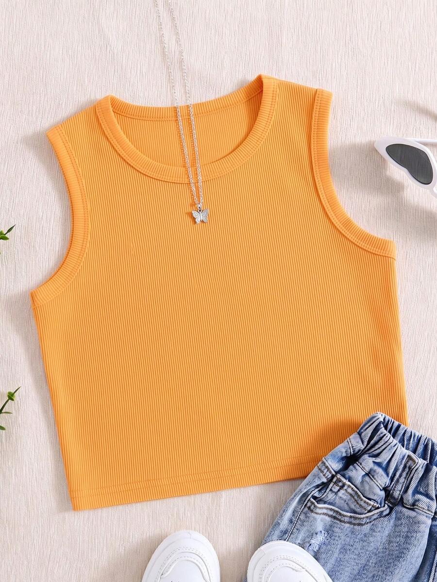 1 pieza Camiseta de punto acanalado de cuello redondo informal para niñas, camiseta interior blanca versátil - Amarillo - Ver 1