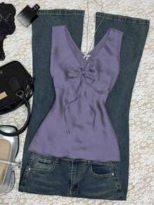 Camiseta sin mangas de moda casual con cuello en V y lazo frontal para mujer - Morado - Ver 5