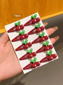 10pcs Red Cherry BB Hair Clips, Sweet Style Suitable For Daily Use Hair Accessories - Multicolor - View 3