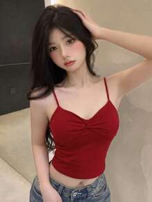 性感露背修身吊带背心，胸前系带，镂空设计，夏季女士休闲服装 - 紅色 - 查看 1