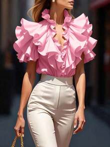 Blusa de mujer con cuello en V profundo, estampado de lunares y volantes multicapa - Rosa Pálido - Ver 1