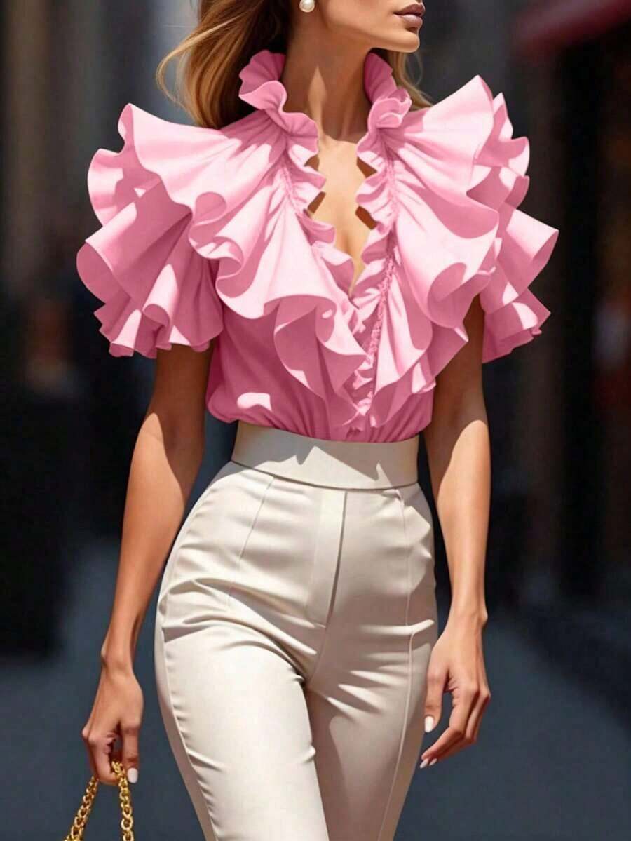 Blusa de mujer con cuello en V profundo, estampado de lunares y volantes multicapa - Rosa Pálido - Ver 1