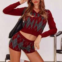 Spring & Autumn Vintage Elegant Women 2-Piece Knit Set, Long Sleeve Cardigan And Shorts, Diamond Pattern Jacquard Button Design, Comfortable Stretchy Casual Homewear And Outdoor Wear - Chocolate Brown - View 1