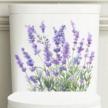 1pc Watercolor Lavender Toilet Sticker, Fresh Purple Flower Green Leaf Bathroom Decor - Multicolor - View 2